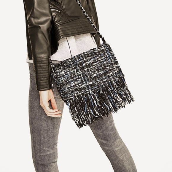 Zara Handbags - 🏆Zara Fringe Tweed Purse Black Blue Metallic Cute